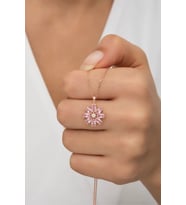 925 Ayar Gümüş Rose Kaplama Zirkon Taşlı Papatya Kolye (Pembe)