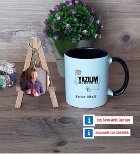 Yazılım Mühendisi Kupa Bardak Beyaz ve Fotoğraflı Ahşap Anahtarlık Hediye (Model 11)