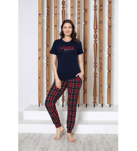 Kadın Düğmesiz Bisiklet Yaka Kısa Kol Cepli Pijama Takımı (Lacivert)