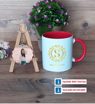 Gold Baş Harf Kupa Bardak Beyaz ve Fotoğraflı Ahşap Anahtarlık Hediye (Model 2)