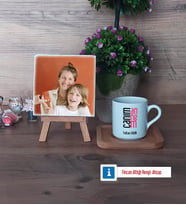Anneye Hediye Fotoğraflı Dekoratif Taş, Ahşap Altlıklı Türk Kahvesi Fincanı Hediye (Model 1)