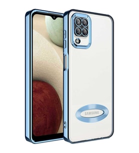 Samsung Galaxy A12 Kılıf Case, Logo Showing Serisi, Şeffaf, Kamera Korumalı, Logo Gösteren Renkli Çizgi Tasarım (Royal Mavi)