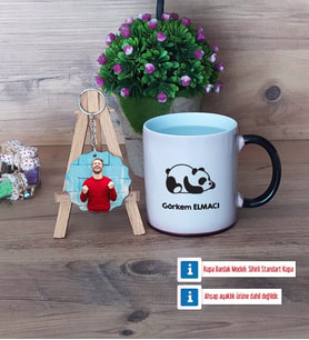 Uykucu Panda Kupa Bardak Beyaz ve Fotoğraflı Ahşap Anahtarlık Hediye (Model 9)