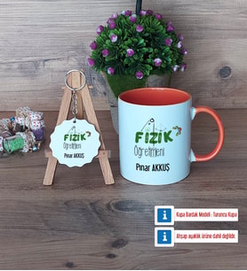 Fizik Öğretmeni Kupa Bardak Kırmızı ve Ahşap Anahtarlık Hediye Öğretmenler Günü Hediyesi (Model 12)