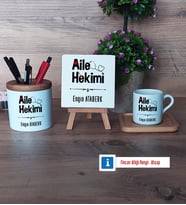 Aile Hekimi Hediye Seti Dekoratif Taş, Kalemlik, Ahşap Altlıklı Türk Kahvesi Fincanı Hediye (Model 1)