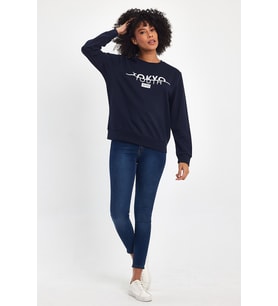 Kadın Bisiklet Yaka Rahat Kalıp 3 iplik Kalın Tokyo Baskılı  Sweatshirt SPR24SWk30 (Lacivert)