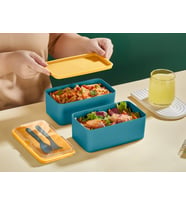Mega Boy 2 Katlı Yemek Saklama Kabı 2 Litre - Kendinden Çatal Kaşık Servisli Lunch Box Set (Yeşil)