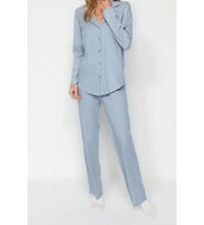 Tarz Rahat Uzun Kollu Boru Paça %100 Pamuklu Pötikareli Örme Pijama Takımı (Mavi)