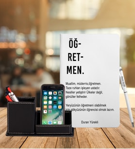 Kişiye Özel Öğretmen Tasarımlı Deri Defter & Roller Kalem & Ahşap Mdf Kalemlik (Beyaz)