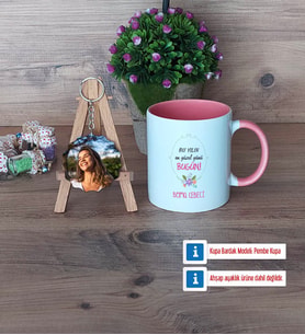 Doğum Günü Hediyesi Kupa Bardak Beyaz ve Fotoğraflı Ahşap Anahtarlık Hediye (Model 6)