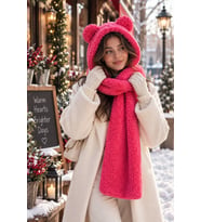 Kapşonlu Welsoft Peluş Bere - Atkılı - Polar Boyunluk Şalı Sıcaklık ve Şıklığın Buluşması (Fuşya)