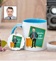Karikatürlü Erkek Öğretmene Özel Kupa Bardak ve Anahtarlık (Mavi)
