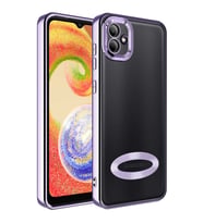 Samsung Galaxy A03 Kılıf Case, Logo Showing Serisi, Şeffaf, Kamera Korumalı, Logo Gösteren Renkli Çizgi Tasarım (Lila)