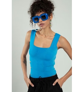 Sifu Tekstil Kadın Kare Yaka Sprey Boyamalı Spor Askılı Triko Atlet Crop Top Bluz SFYZ1002 (İndigo)