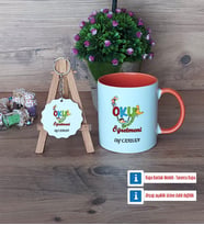 Okul Öncesi Öğretmeni Kupa Bardak Kırmızı ve Ahşap Anahtarlık Hediye Öğretmenler Günü Hediyesi (Model 12)