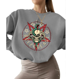 unisex Sweatshirt kadın Bej Belzebeast pentagram - yılanlı cadılar bayramı kafatası Baskılı 3 iplik (Gri)