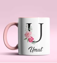 Kişiye Özel U Harfi Temalı Gül Tasarım Siyah Renk Kupa (Pembe)