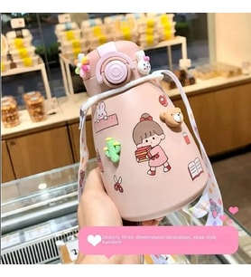 500ml Büyük Kapasiteli Paslanmaz Çelik Taşınabilir Lcd Göstergeli Sticker Termos (Pembe)