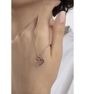 Kadın Orjinal 925 Ayar Gümüş Zirkon Taşlı Kalp Model Kolye (Rose)