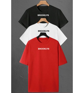 Brooklyn Baskılı Unisex Oversize 3'lü T-shirt Paketi (Kırmızı)