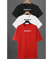 Brooklyn Baskılı Unisex Oversize 3'lü T-shirt Paketi (Kırmızı)