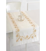 Krem Buldan İpeği Çiçek İşlemeli 50x130 cm Runner (Sarı)