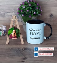 Teyzeye Doğum Günü Hediyesi Kupa Bardak Beyaz ve Fotoğraflı Ahşap Anahtarlık Hediye (Model 11)