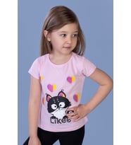 Toontoy Kız Çocuk Likee Kedi Baskılı Tişört (Pembe)
