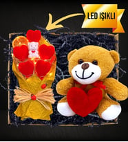 Kalpli Peluş Ayıcık & Led Işıklı Ayıcıklı Kırmızı Kalp Buketi (Hardal)