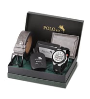 POLO AİR Erkek Set Kombin Kemer Cüzdan Karlık Parfüm Kauçuk Kol Saati Hediyelik Kutusunda Set PL-0973E (Gümüş-Siyah)