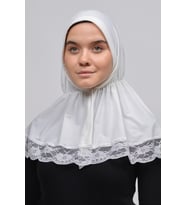 Dantelli Lastik Büzgülü Tela Bantlı Çıtçıtlı Hazır Türban Pratik Eşarp (Ekru)