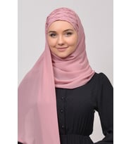 Nervür Boncuklu Pileli Pratik Şifon Tesettür Şal (Açık Pembe)