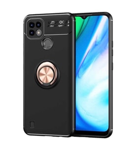 Realme C21 Kılıf Yüzüklü Magnetli Ravel Case (Siyah-Rose Gold)