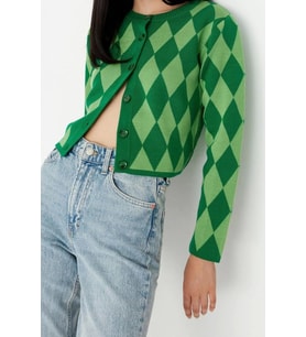 Kadın Modern Tarz Slim Bisiklet Yaka Crop Triko Hırka (Yeşil)