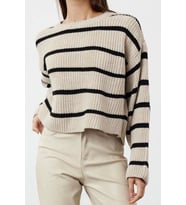 Stil Modern Kadın Crop Düşük Kol Bisiklet Yaka Basic Çizgili Triko Kazak (Krem)