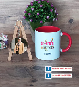 Din Kültürü Öğretmeni Kupa Bardak Beyaz ve Fotoğraflı Ahşap Anahtarlık Hediye (Model 2)
