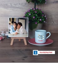 Anneler Günü Hediyesi Fotoğraflı Dekoratif Taş, Ahşap Altlıklı Türk Kahvesi Fincanı Hediye (Model 6)