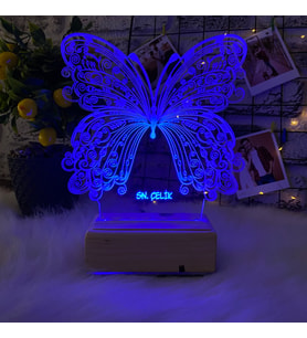 Kişiye Özel Doğum Günü Hediyesi /Sevgiliye Hediye Kelebek Tasarımlı 3D Led Masa Lambası (Mavi)