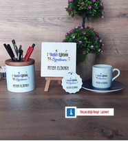 Beden Eğitimi Öğretmeni Hediye Seti Dekoratif Taş, Kalemlik, Ahşap Altlıklı Türk Kahvesi Fincanı, Ahşap Anahtarlık Hediye Öğretmenler Günü Hediyesi (Model 4)