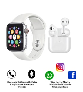 Ios ve Android Uyumlu Smart Watch 7 Akıllı Saat ve Siyah Pro 5 Bluetooth Kulaklık (Beyaz)