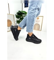 Kadın Sneaker Bağcıklı Oval Burun Kalın Desenli Fuspet Taban Spor Ayakkabı 2110 (Siyah - Füme)