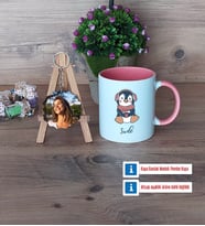 Tatlı Penguen Kupa Bardak Beyaz ve Fotoğraflı Ahşap Anahtarlık Hediye (Model 6)