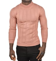 DeepSEA Erkek  Slim Fit Likralı Tüylenme Yapmayan Yarım Balıkçı Çizgili Triko Yarım Boğazlı Kazak 2505503 (Gül Kurusu)