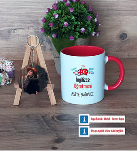 İngilizce Öğretmeni Kupa Bardak Beyaz ve Fotoğraflı Ahşap Anahtarlık Hediye Öğretmenler Günü Hediyesi (Model 2)