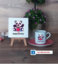 Sevimli Panda Dekoratif Taş, Türk Kahvesi Fincanı Kırmızı İsme Özel Hediye (Model 4)