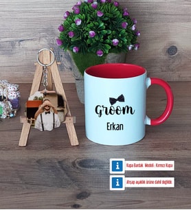 Groom Kupa Bardak Beyaz ve Fotoğraflı Ahşap Anahtarlık Hediye (Model 2)