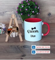 Groom Kupa Bardak Beyaz ve Fotoğraflı Ahşap Anahtarlık Hediye (Model 2)