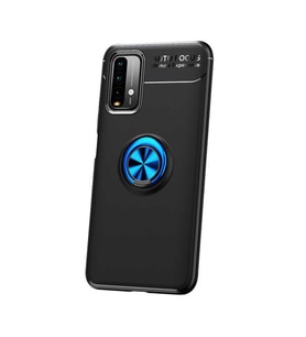 Xiaomi Redmi Note 9 4G Kılıf Yüzüklü Standlı Manyetikli Silikon (Siyah-Mavi)