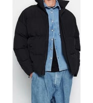 Tasarım Düz Astarlı Yaka Standart Bol Dik Unisex Oversize Fit Dik Yaka Şişme Kışlık Mont (Siyah)