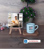 Amcaya Hediye Fotoğraflı Dekoratif Taş, Ahşap Altlıklı Türk Kahvesi Fincanı Hediye (Model 1)
